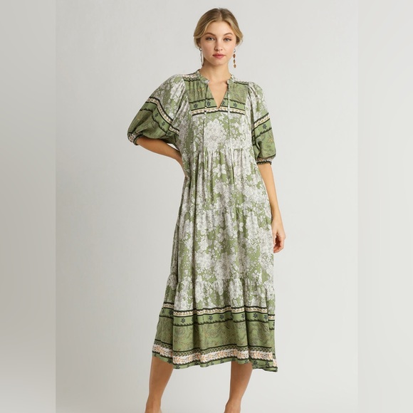 Umgee NWT Boutique Boho Hippy Floral Print Dress S - L SAGE greenBohemian Gypsy - Picture 8 of 10